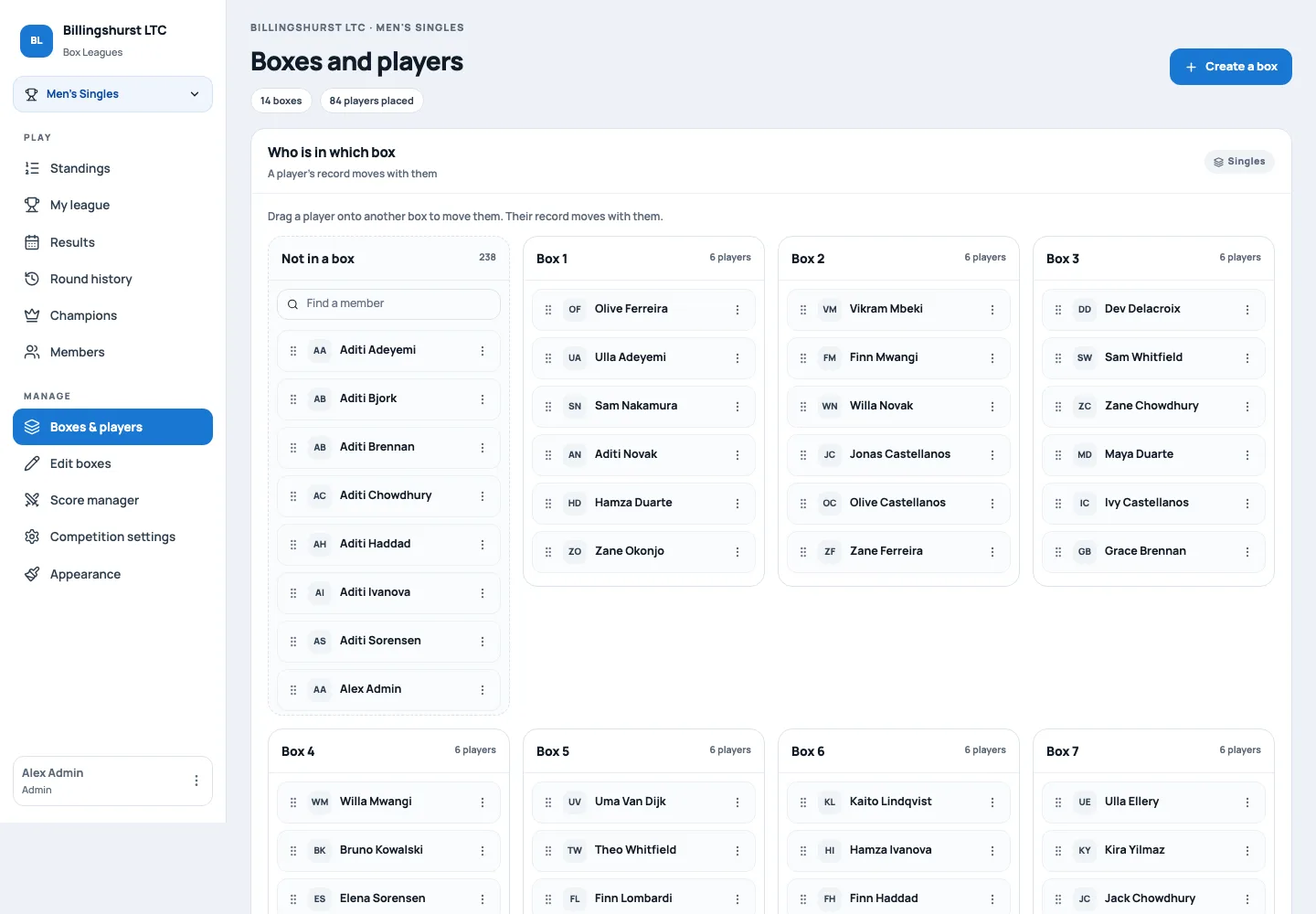 Boxes and players screen where admins drag tennis players between league boxes