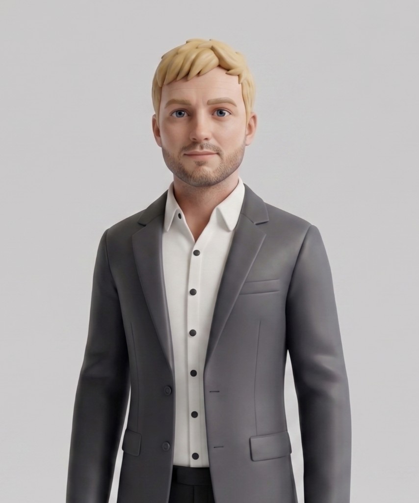 Illustrated 3D portrait of Matt Lee, freelance web developer, in a grey blazer and white shirt