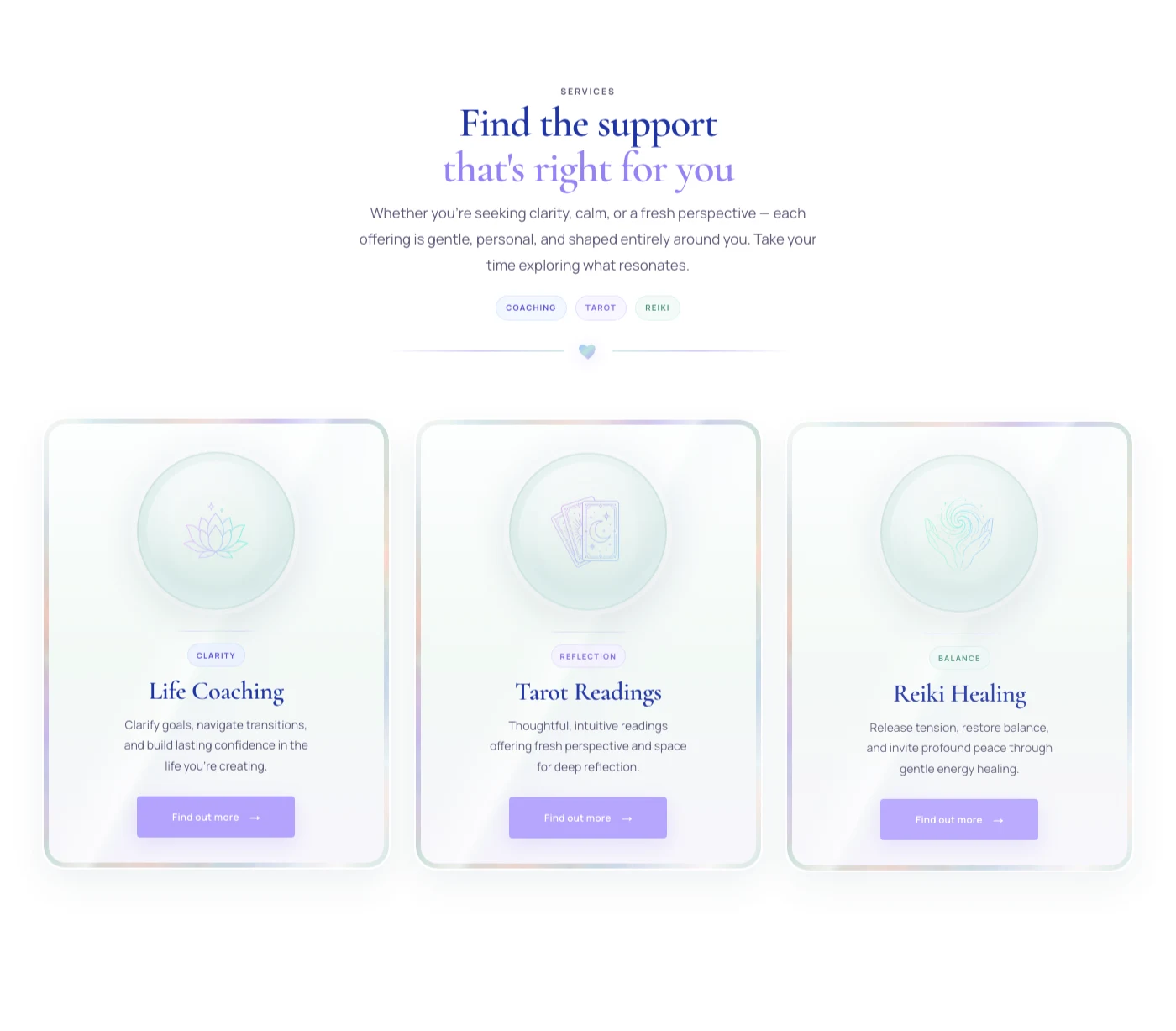 Opal Life Coaching services section with cards for life coaching, tarot readings and Reiki healing