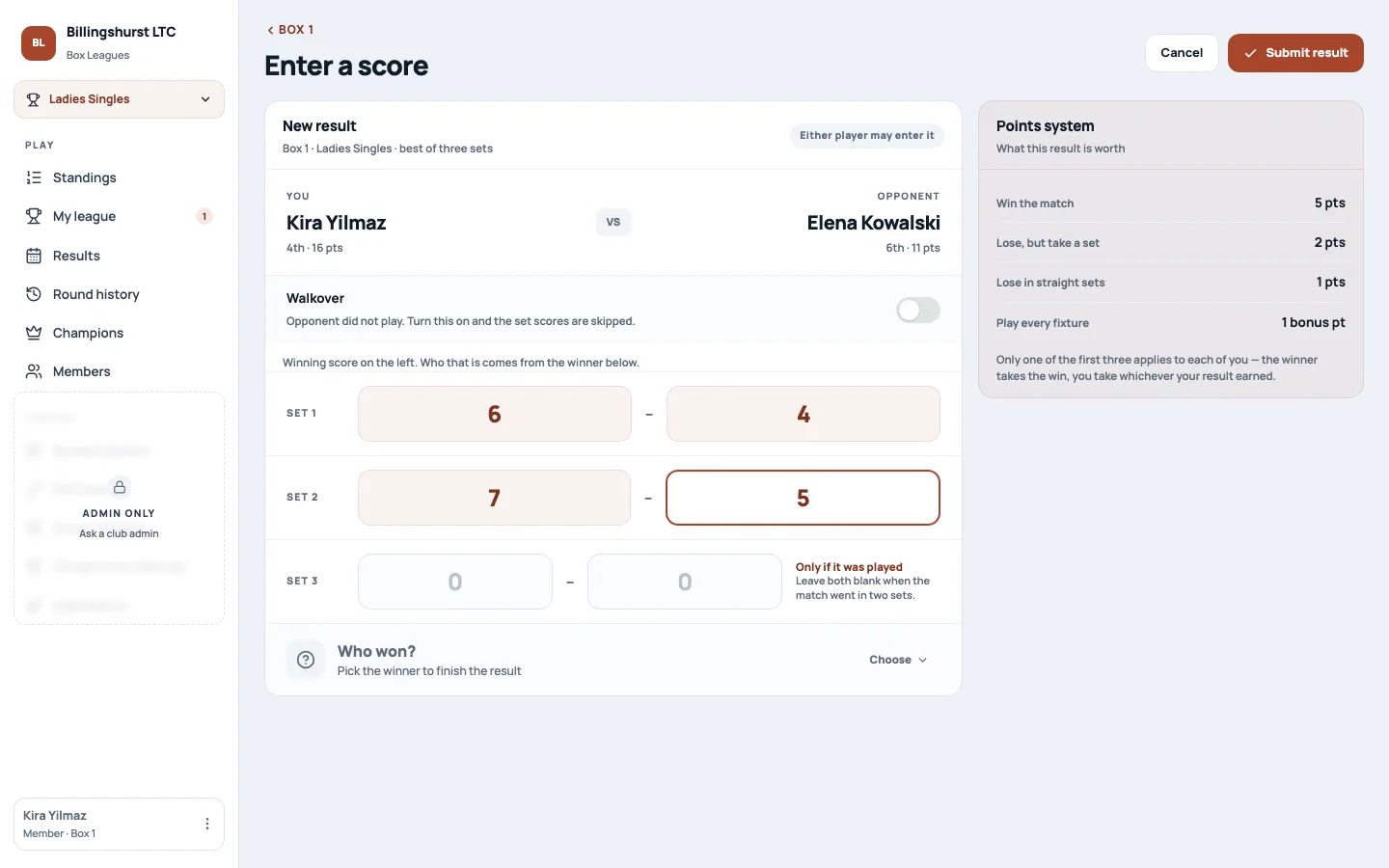 Enter a score form on a phone-friendly layout, with set scores, walkover option and the points system