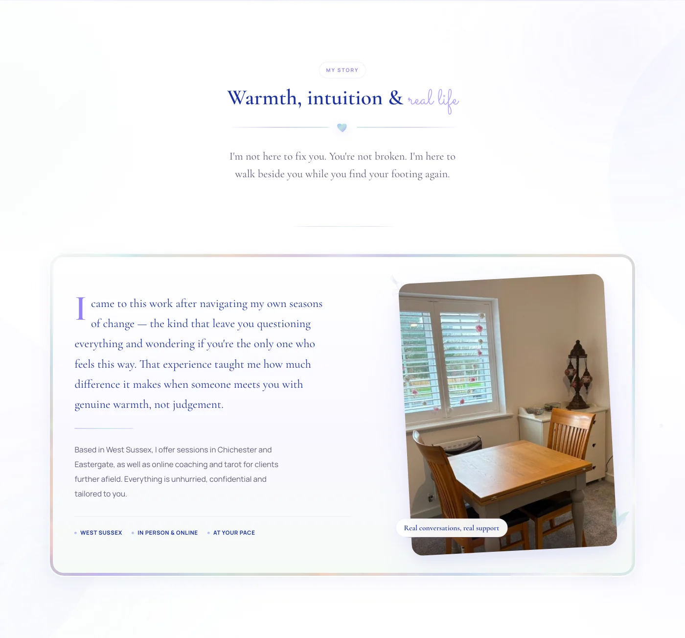 Opal Life Coaching "My story" section with Cara's introduction beside a photo of her calm, light coaching room